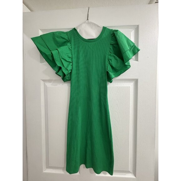 NWT Zara Dress Women’s Size S Small Ruffle Puff Sleeve Mini Body Con Green - Picture 4 of 9